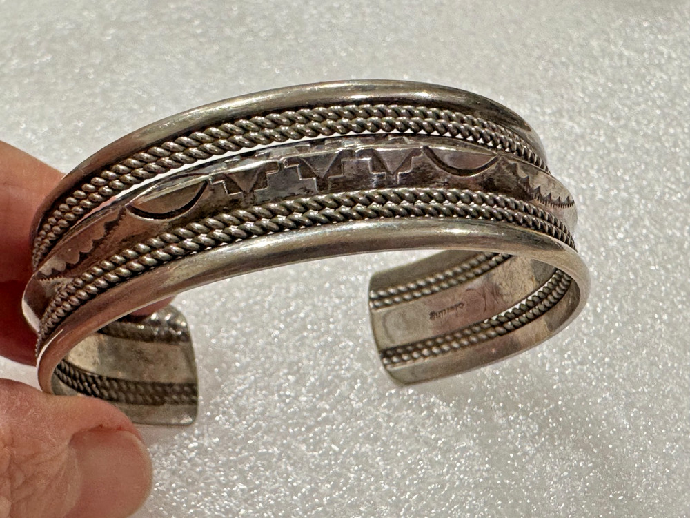Sterling Silver Beaded Engraved Cuff Bracelet Unisex Signed "M" Native American